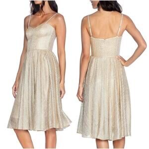 Dress the Population Rachael Gold Metallic Fit & Flare Midi Dress XS NWT $238